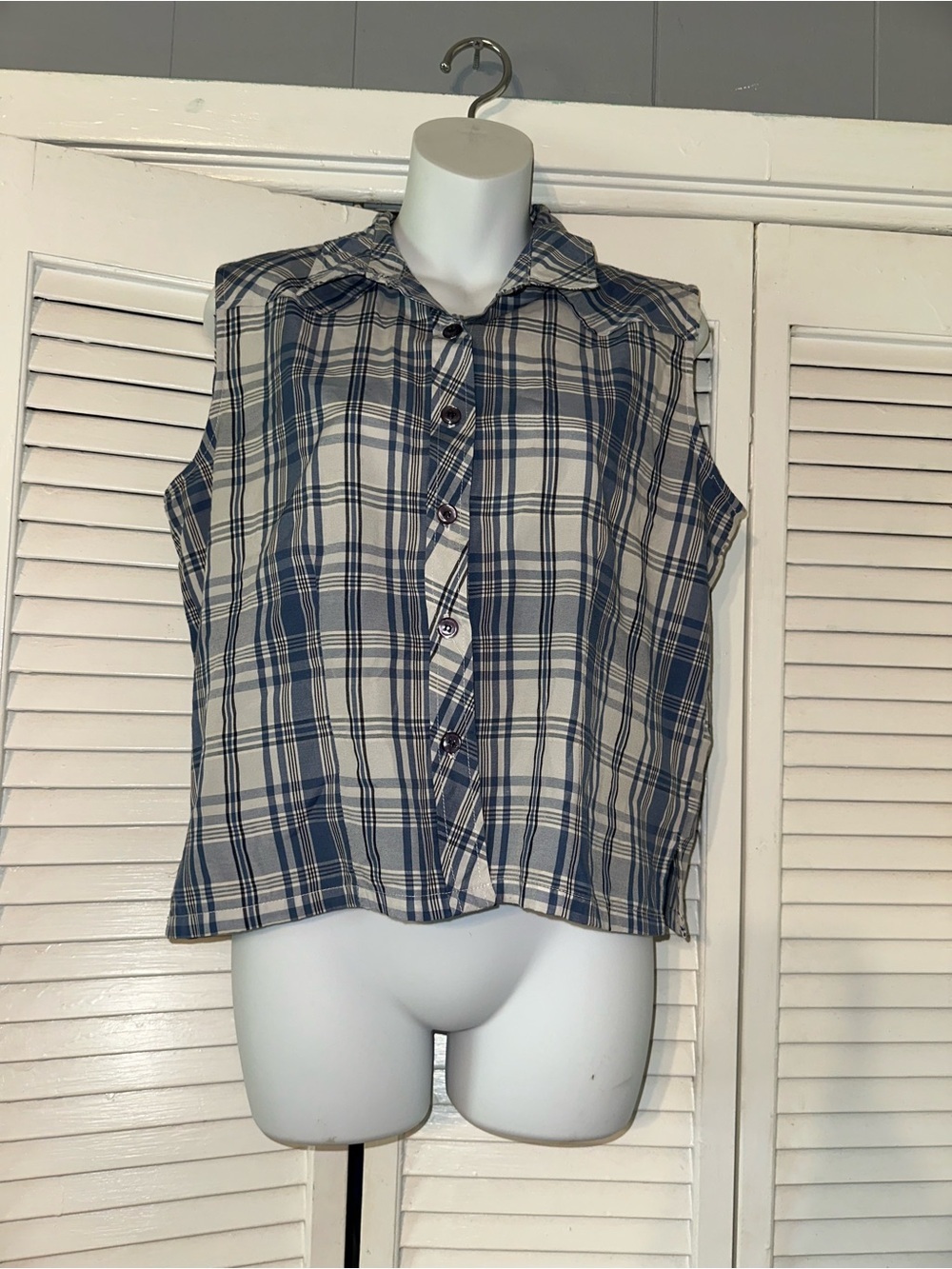 Nick & Sarah Plaid Sleeveless Button Front Blouse Women's Size Large Blue White